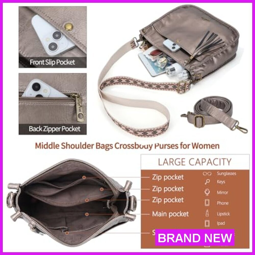 Vegan Leather Hobo Crossbody Bag with Guitar Strap Adjustable Tassel Purse - Picture 5 of 7
